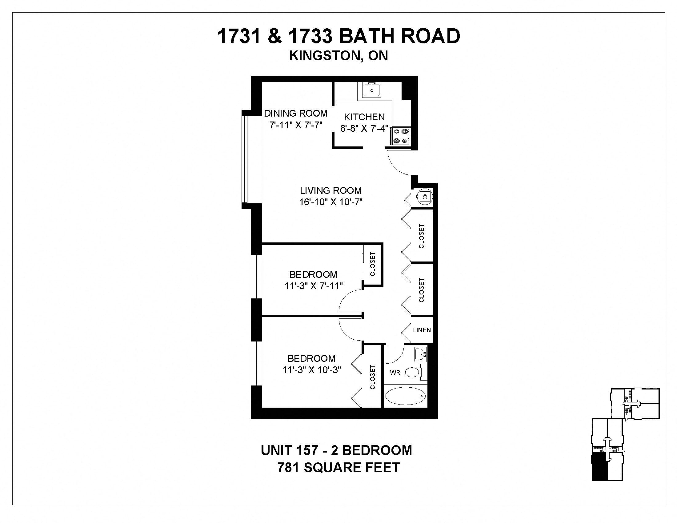 Floor plan for 2 beds, 1 bath, 781 sqft